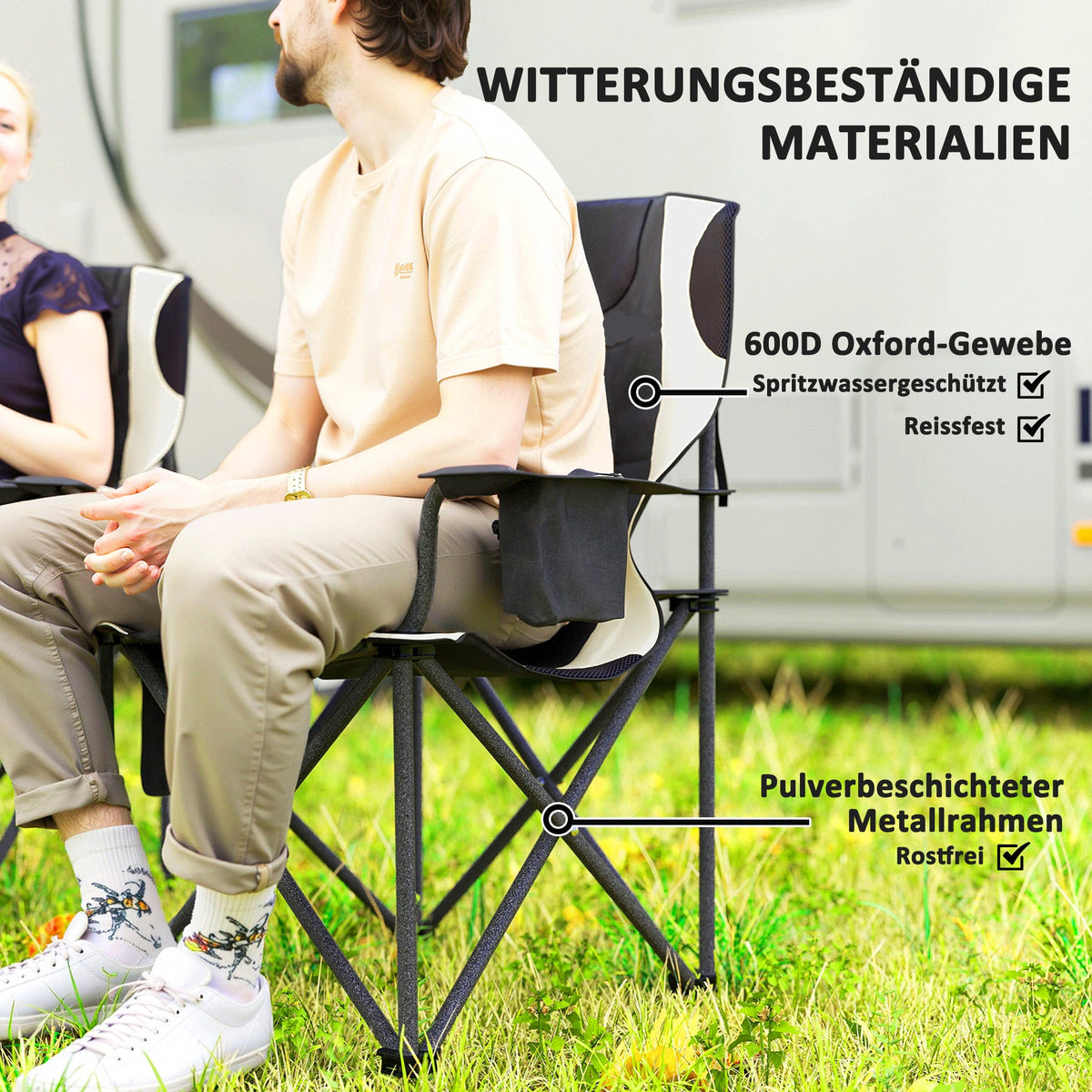 2er-Set Klapp-Campingstühle mit Armlehnen, Getränkehalter, Kopfstütze und Kühltasche in Schwarz