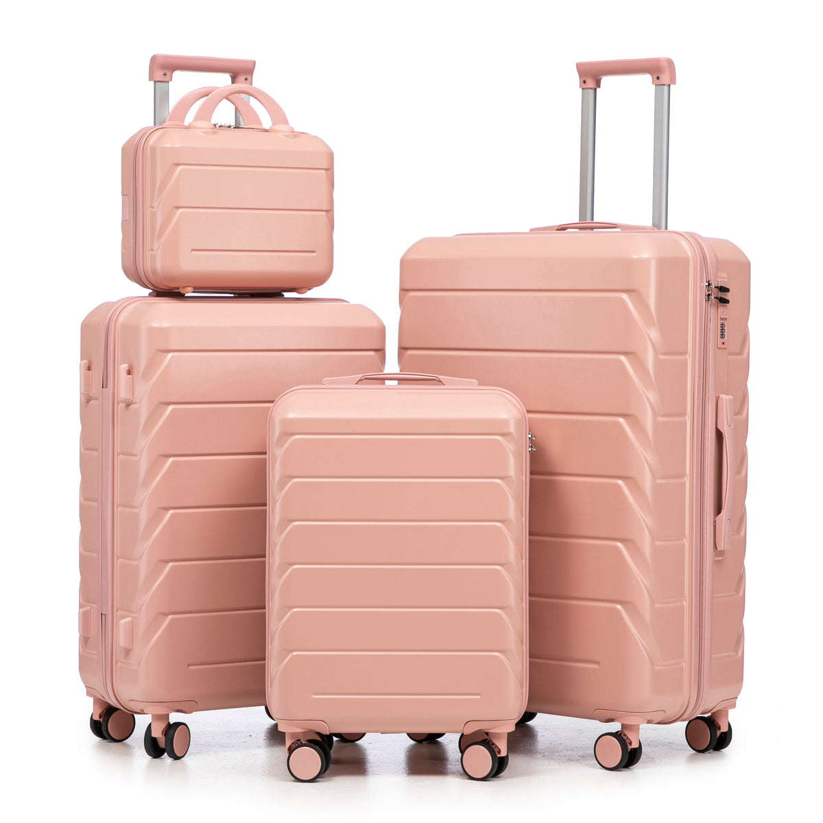 4-teiliges ABS-Spinner-Kofferset 14/19/24/28 Zoll in Rosa – Zahlenschloss, Seitengriffe und Kosmetikkoffer
