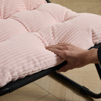 Outdoor-Loungestuhl mit Hocker, bequemer Schlingensessel mit Polsterkissen und Fußhocker, ideal für Wohnzimmer, Schlafzimmer und Lesezimmer, schwarzer Rahmen mit rosa Kissen