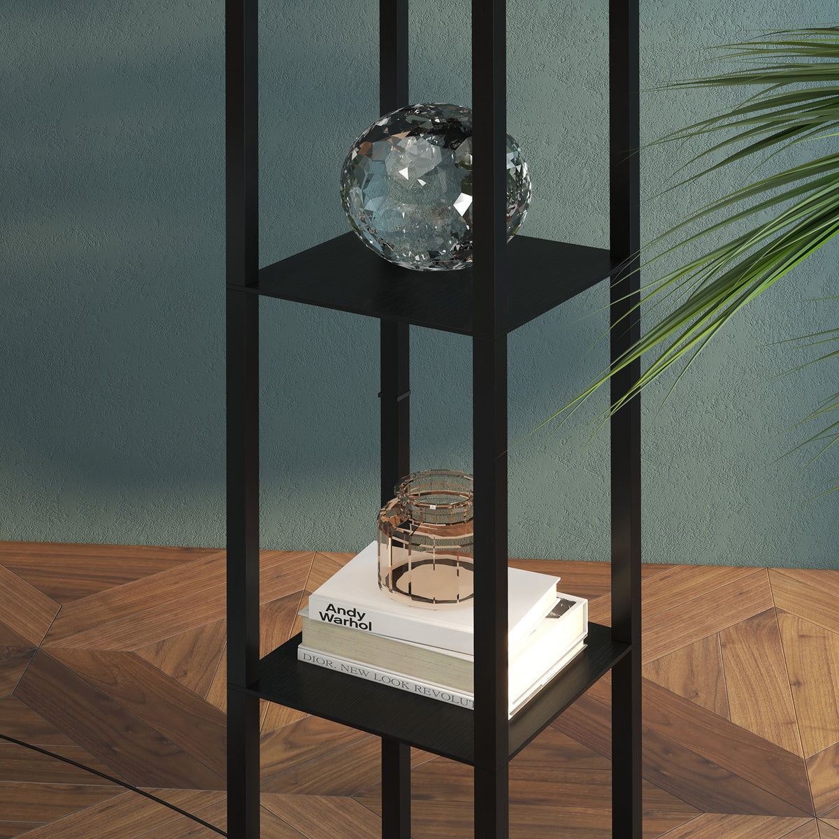 Stehlampe mit Regalen – Stehleuchte aus Holz, 26 x 26 x 160 cm, für Wohn- und Schlafzimmer (ohne Glühbirne)