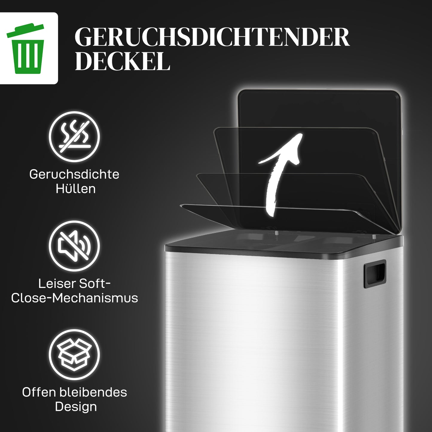 Küchenabfalleimer mit 2 × 20-l-Fächern, Soft-Close-Deckel, fingerabdrucksicherer Edelstahl, Silber