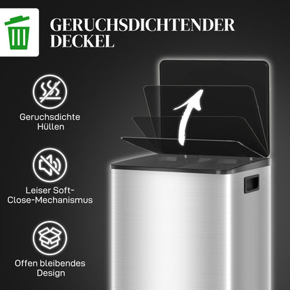 Küchenabfalleimer mit 2 × 20-l-Fächern, Soft-Close-Deckel, fingerabdrucksicherer Edelstahl, Silber