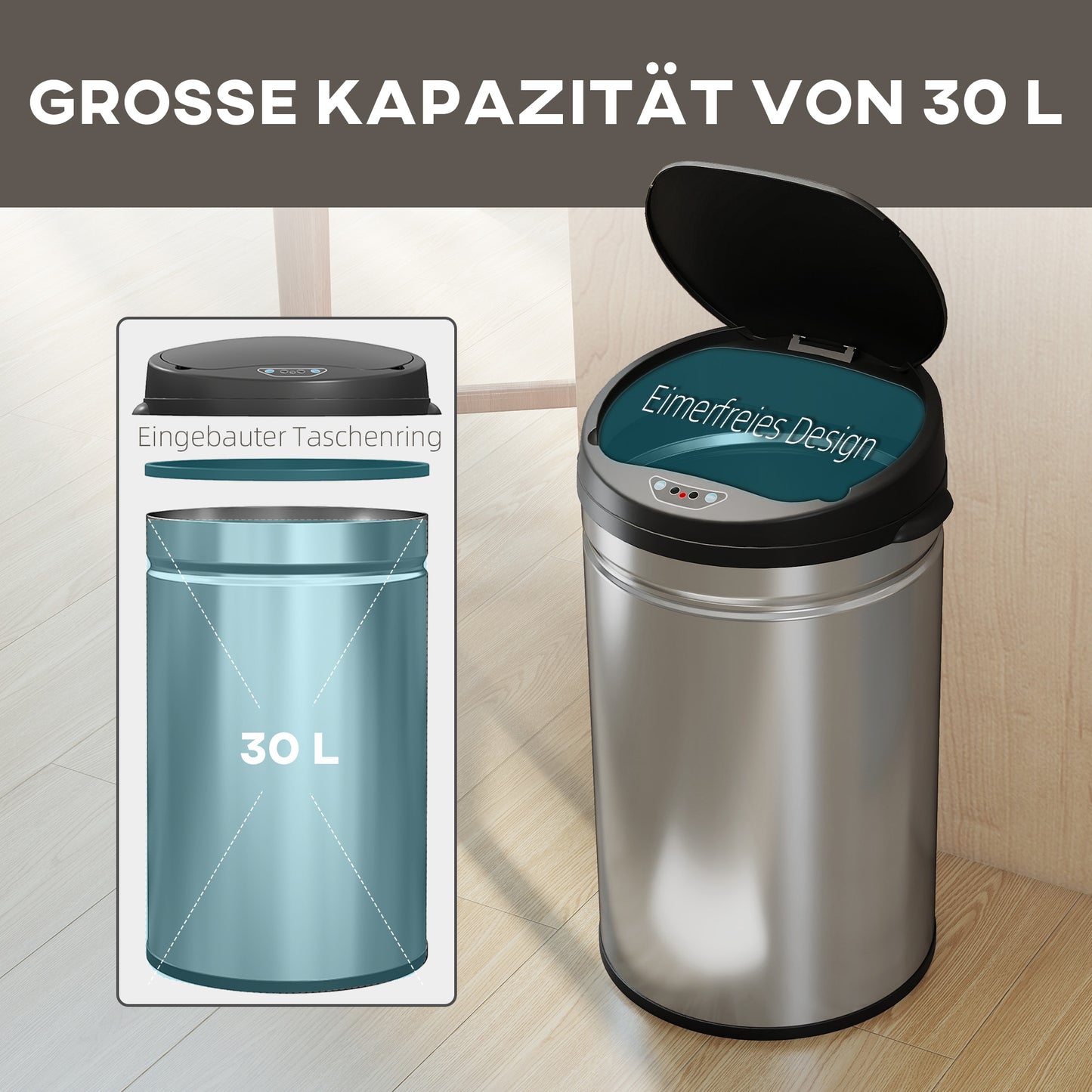 30-Liter-Sensor-Mülleimer mit Soft-Close-Funktion, berührungsloser Edelstahl-Abfalleimer für hygienische Küchen