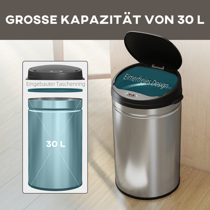 30-Liter-Sensor-Mülleimer mit Soft-Close-Funktion, berührungsloser Edelstahl-Abfalleimer für hygienische Küchen