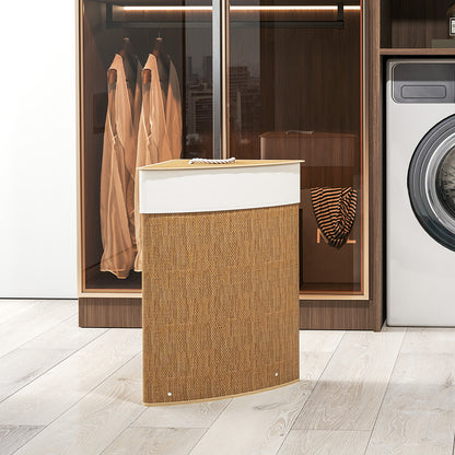 Wäschekorb Im Eckdesign, Bambusgeflecht, 55 Liter, Stoffbeutel, Metallrahmen, Braun