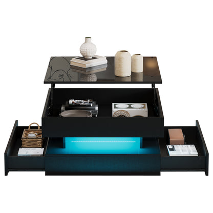 Höhenverstellbarer Couchtisch 65 × 65 × 38,5 cm mit LED, 2 Schubladen und verborgenem Stauraum in Schwarz
