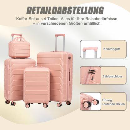 4-teiliges ABS-Spinner-Kofferset 14/19/24/28 Zoll in Rosa – Zahlenschloss, Seitengriffe und Kosmetikkoffer