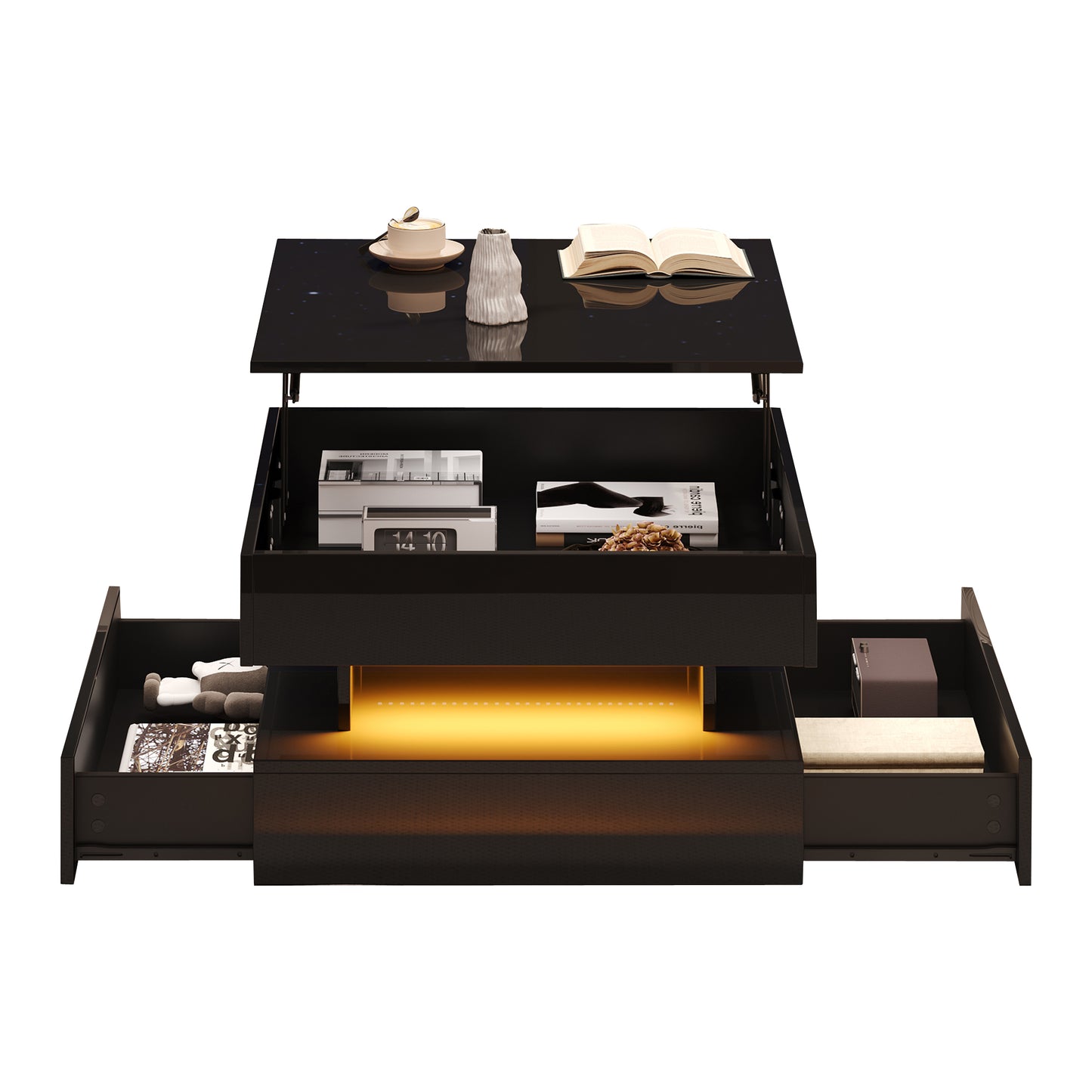 Höhenverstellbarer Couchtisch 65 × 65 × 38,5 cm mit LED, 2 Schubladen und verborgenem Stauraum in Schwarz