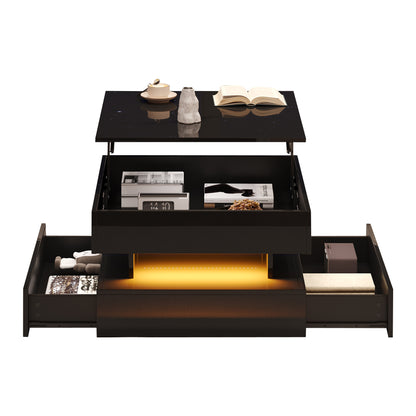 Höhenverstellbarer Couchtisch 65 × 65 × 38,5 cm mit LED, 2 Schubladen und verborgenem Stauraum in Schwarz