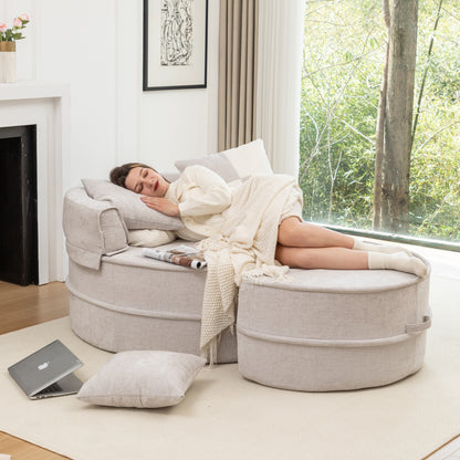 Runde Chaiselongue mit 5 Kissen und Hocker, Grau