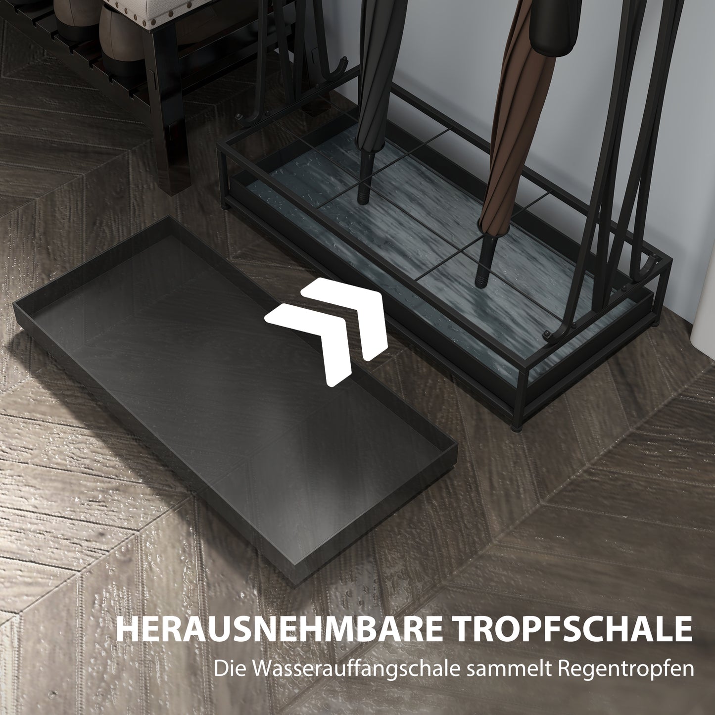 Schirmständer mit Tropfschale – 21 Öffnungen & 24 Haken, Stahl, Schwarz
