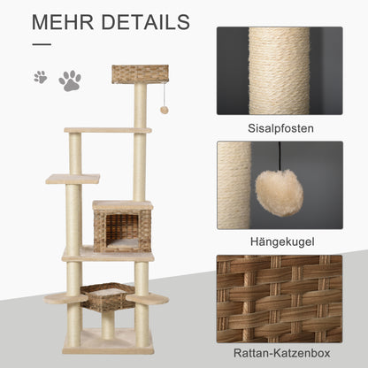 Mehrstufiger Rattan-Kratzbaum mit Katzenhöhle | E1-MDF, Sisal, Plüsch | Beige+Braun | 55 × 55 × 174 cm