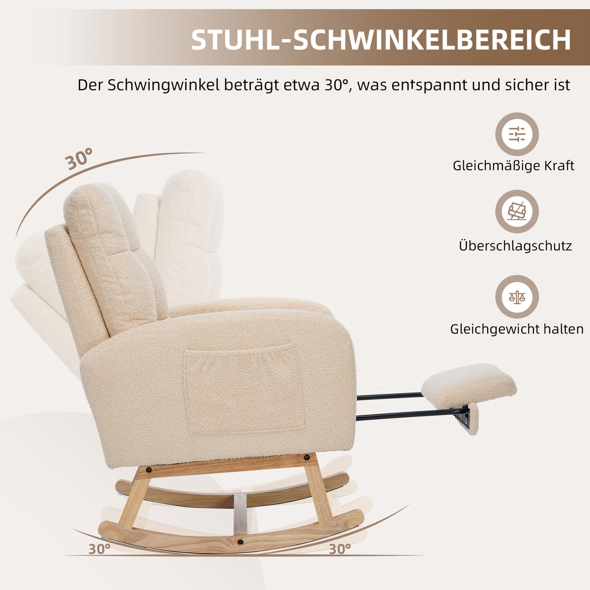 Teddy-Velvet Schaukelstuhl – Beiger Sessel mit Massivholzrahmen, versteckter Fußstütze & hoher Schaumstoffpolsterung, ideal für Wohnzimmer, Schlafzimmer & Kinderzimmer