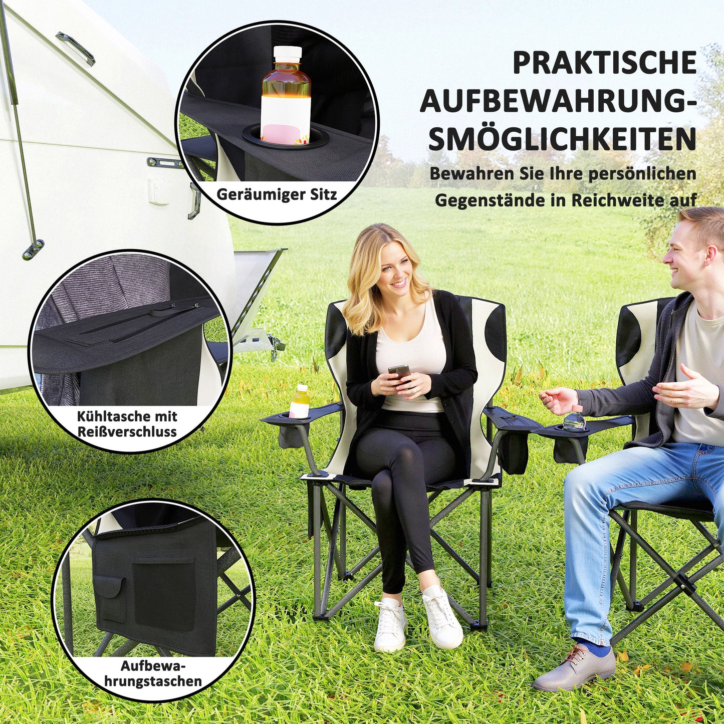 2er-Set Klapp-Campingstühle mit Armlehnen, Getränkehalter, Kopfstütze und Kühltasche in Schwarz