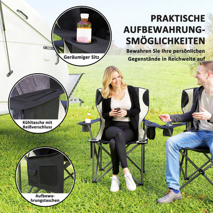 2er-Set Klapp-Campingstühle mit Armlehnen, Getränkehalter, Kopfstütze und Kühltasche in Schwarz