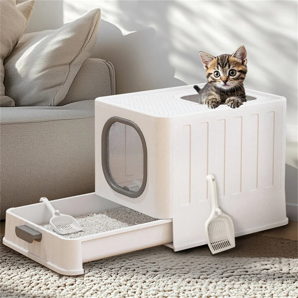 Große geschlossene Katzentoilette mit Oberreinstieg, Ausziehschublade und Schaufel (Grau und Weiß)
