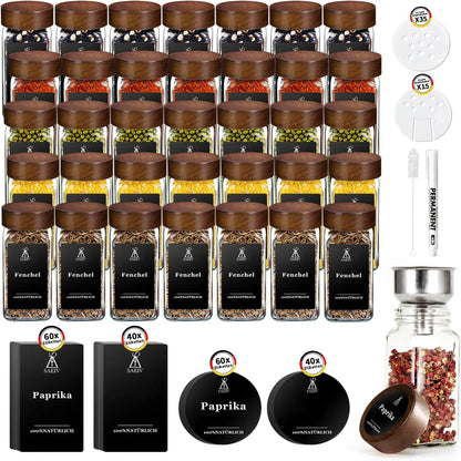 Quadratisches Gewürzglas mit Akazienholzdeckel, 120 ml, Gewürzgläser-Set mit Etiketten, BPA-frei