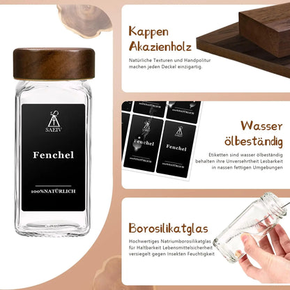 Quadratisches Gewürzglas mit Akazienholzdeckel, 120 ml, Gewürzgläser-Set mit Etiketten, BPA-frei