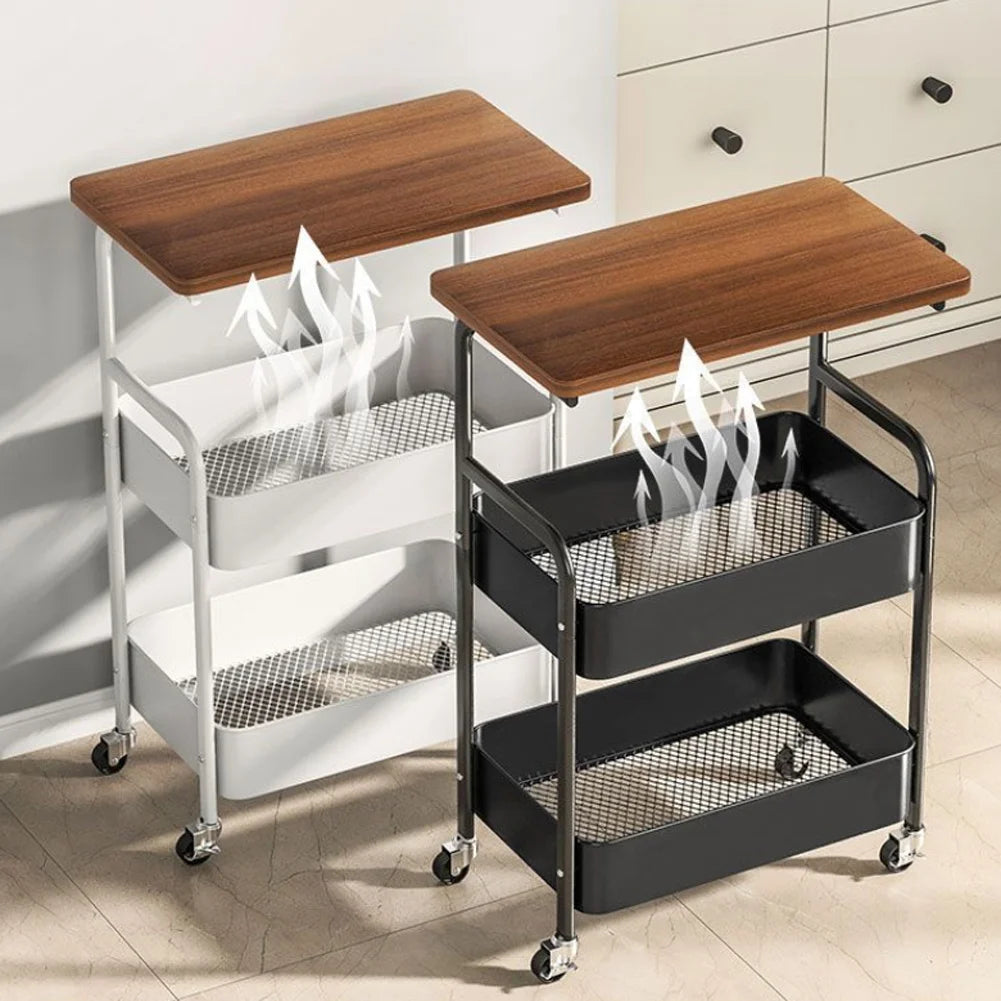 3-stufiger Aufbewahrungswagen aus Metall auf Rädern mit Holztischplatte, Beistelltisch für Wohnzimmer, Badezimmer, Küche und Waschküche