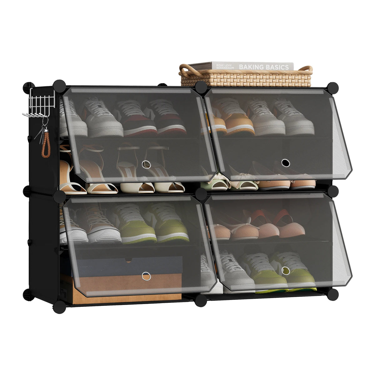 Faltbarer modularer Schuhschrank – transparenter stapelbarer Kunststoff-Schuhorganizer mit Seitenhaken für Flur und Wohnzimmer