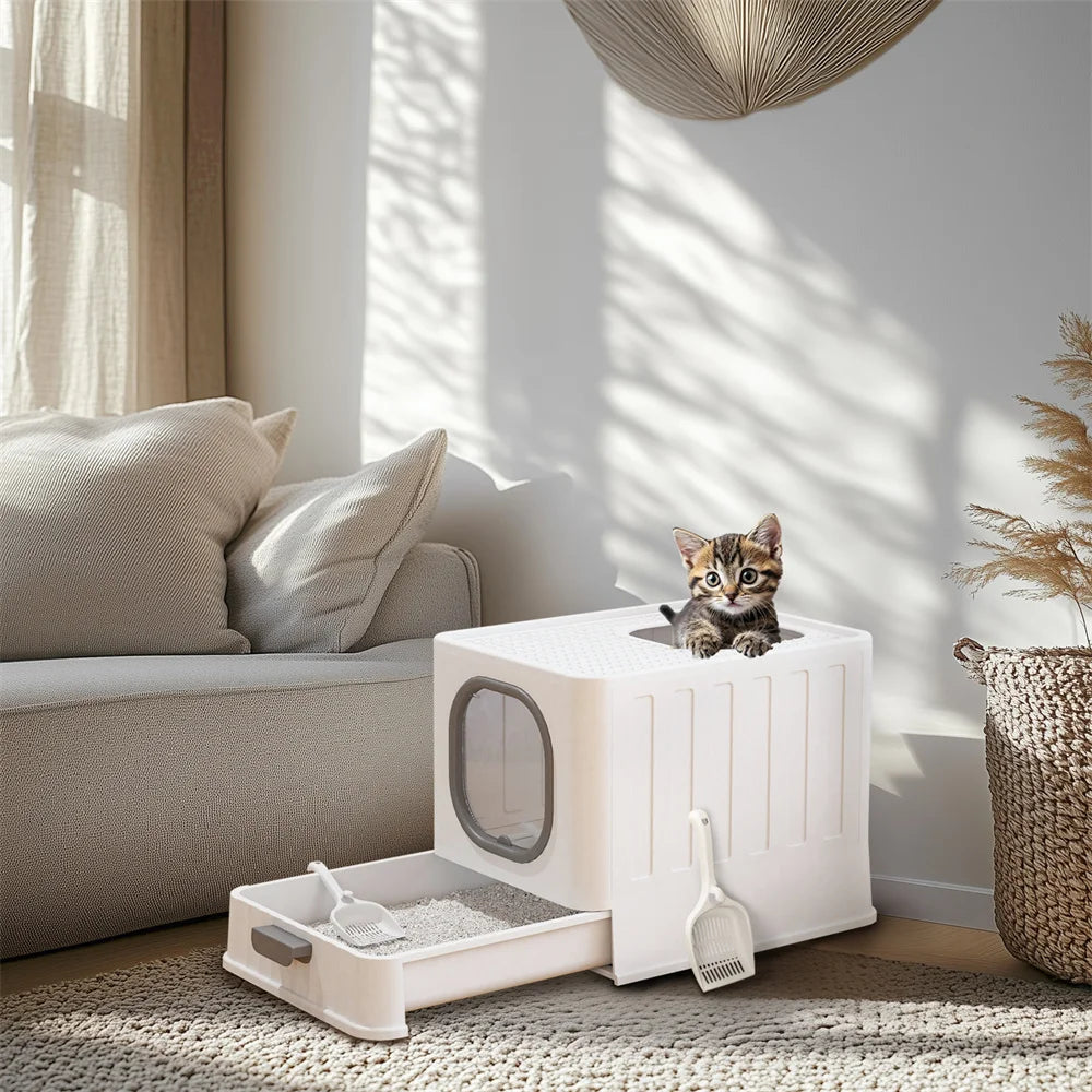Große geschlossene Katzentoilette mit Oberreinstieg, Ausziehschublade und Schaufel (Grau und Weiß)