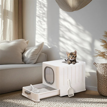 Große geschlossene Katzentoilette mit Oberreinstieg, Ausziehschublade und Schaufel (Grau und Weiß)