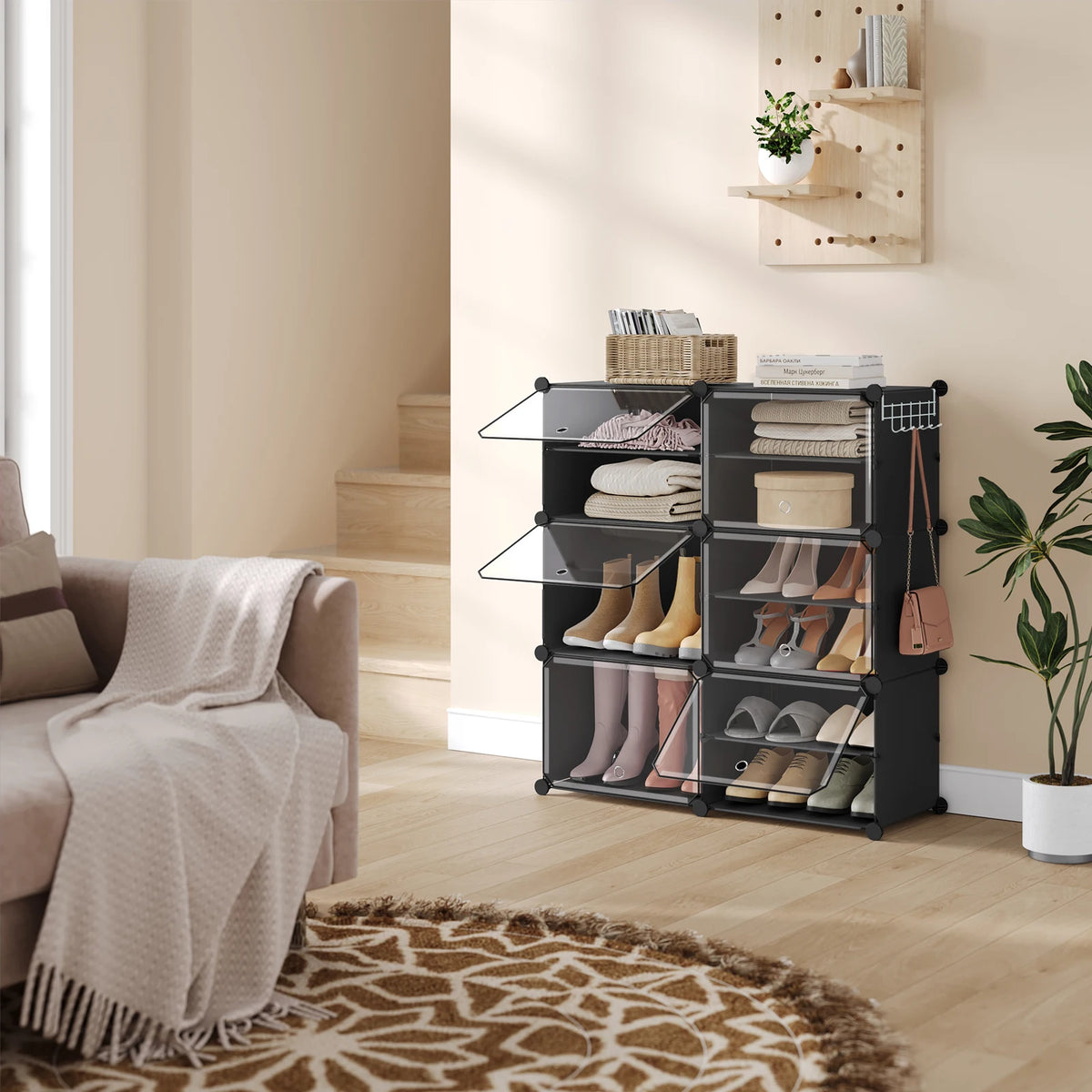 Faltbarer modularer Schuhschrank – transparenter stapelbarer Kunststoff-Schuhorganizer mit Seitenhaken für Flur und Wohnzimmer