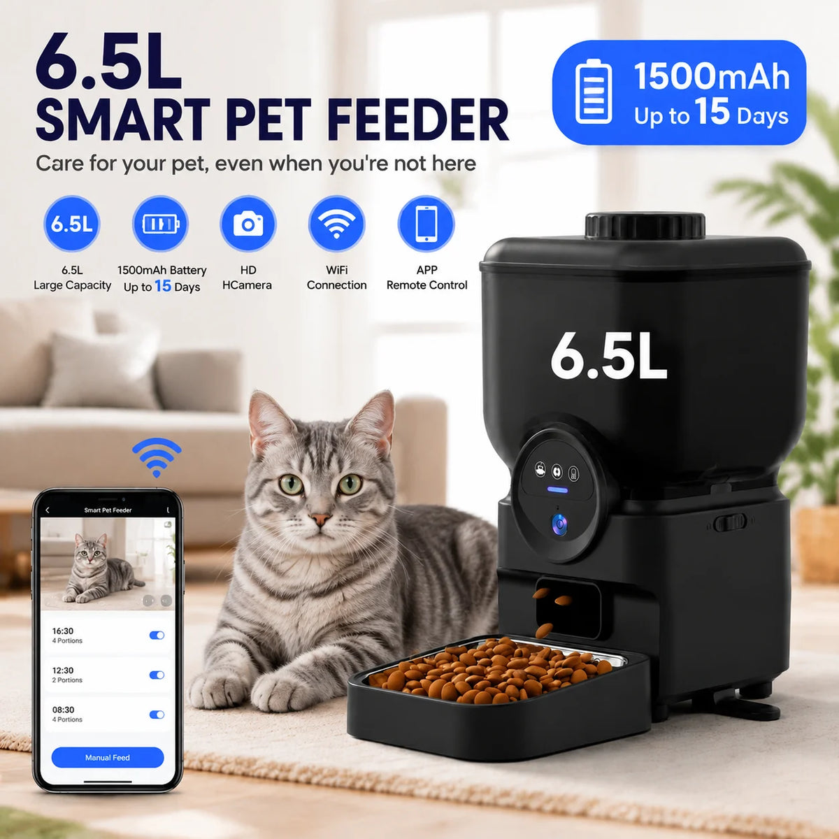 Automatischer Futterautomat 6,5 L mit WLAN App-Steuerung Kamera und Akku für Katzen und Hunde