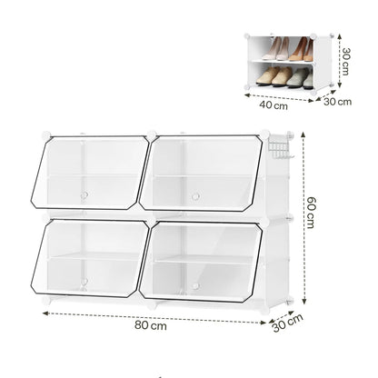 Faltbarer modularer Schuhschrank – transparenter stapelbarer Kunststoff-Schuhorganizer mit Seitenhaken für Flur und Wohnzimmer