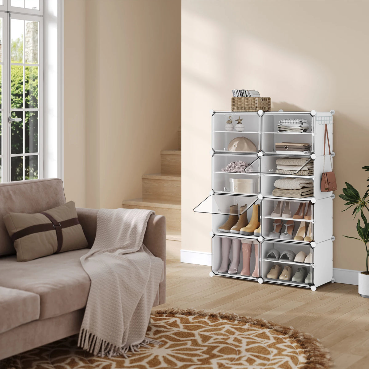 Faltbarer modularer Schuhschrank – transparenter stapelbarer Kunststoff-Schuhorganizer mit Seitenhaken für Flur und Wohnzimmer
