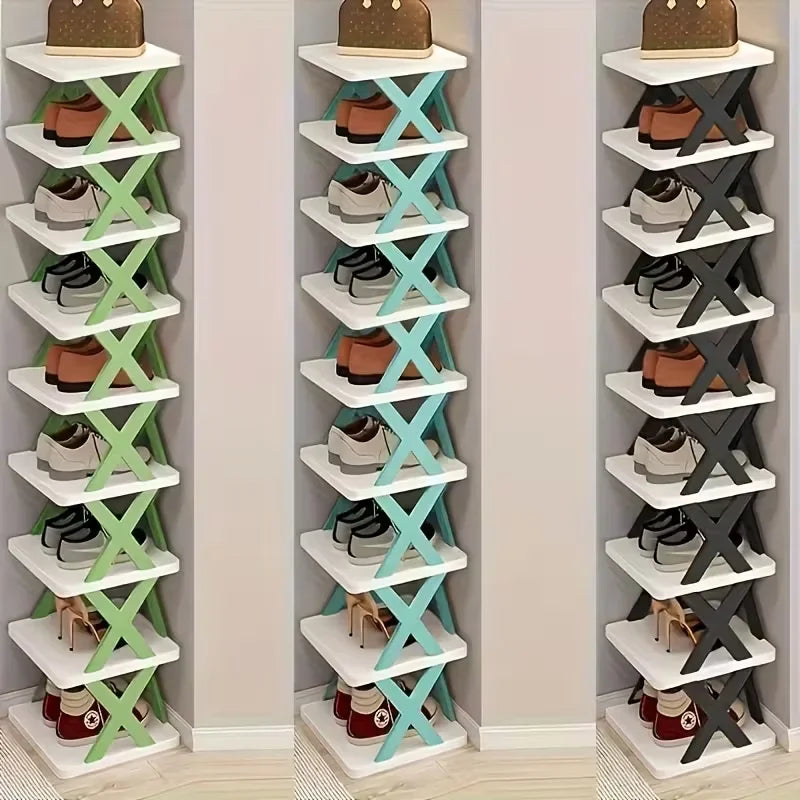 Platzsparender Eck-Schuhregal-Organizer – Hohes, schmales, robustes Kunststoffregal mit 6/9 Ebenen für 6/9 Paar Schuhe & Stiefel, vielseitige Aufbewahrung für Eingangsbereich, Schrank, Garage, Wohnzimmer, Schuh-Organizer