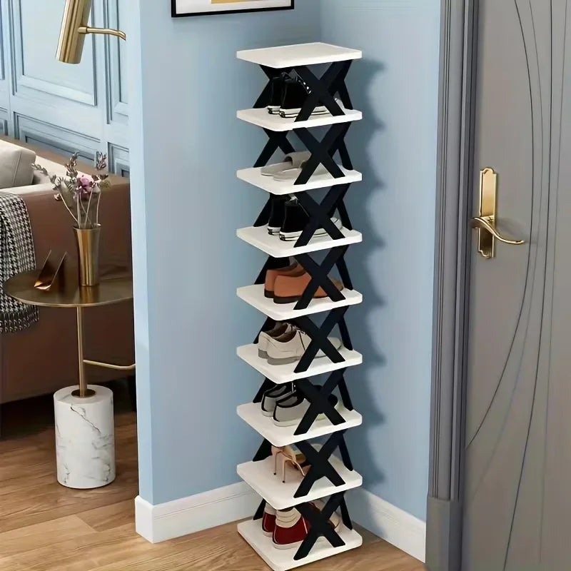 Platzsparender Eck-Schuhregal-Organizer – Hohes, schmales, robustes Kunststoffregal mit 6/9 Ebenen für 6/9 Paar Schuhe & Stiefel, vielseitige Aufbewahrung für Eingangsbereich, Schrank, Garage, Wohnzimmer, Schuh-Organizer