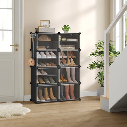 Faltbarer modularer Schuhschrank – transparenter stapelbarer Kunststoff-Schuhorganizer mit Seitenhaken für Flur und Wohnzimmer
