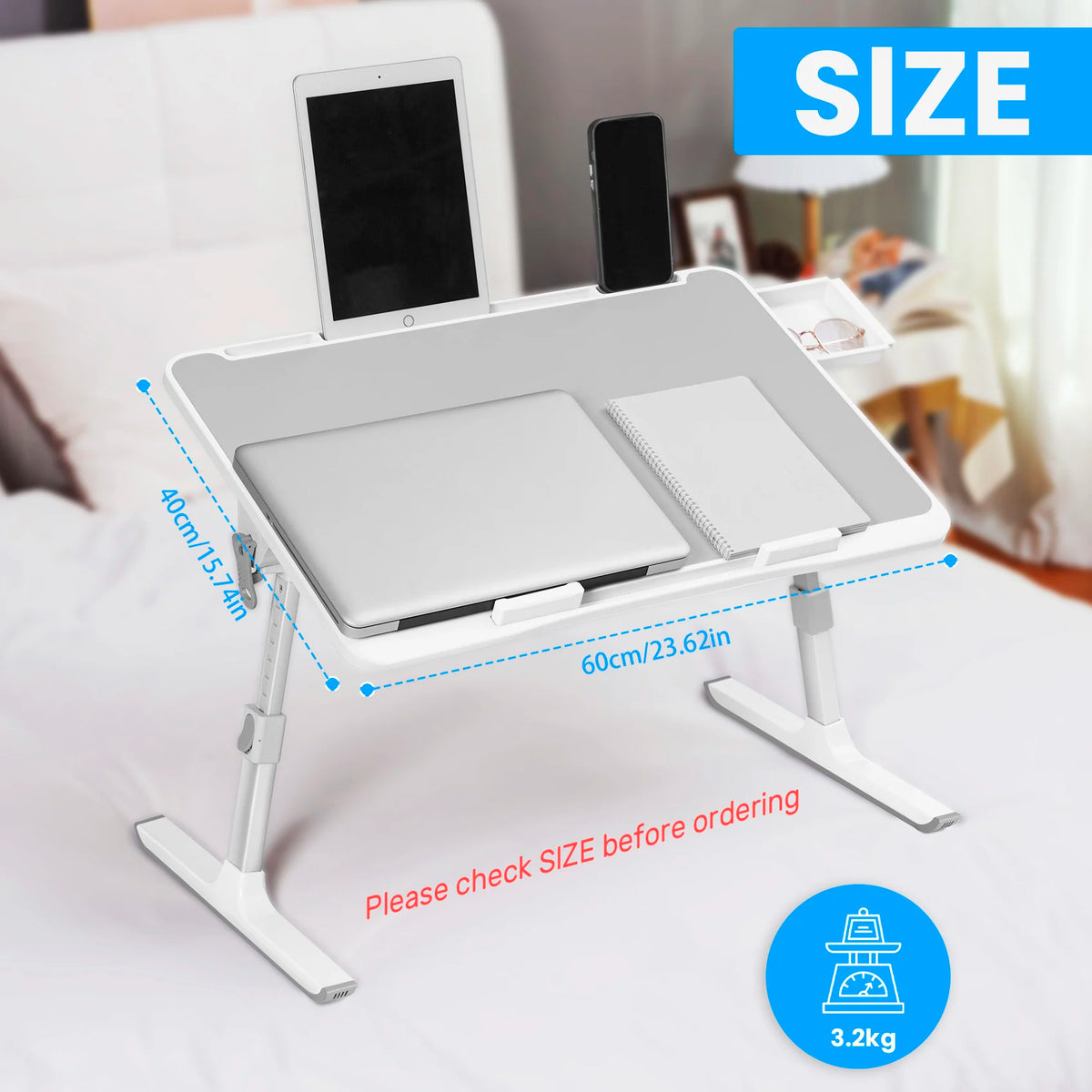 Klappbarer Laptop-Tisch fürs Bett, 60 × 40 cm, höhen- und winkelverstellbar