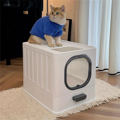 Große geschlossene Katzentoilette mit Oberreinstieg, Ausziehschublade und Schaufel (Grau und Weiß)