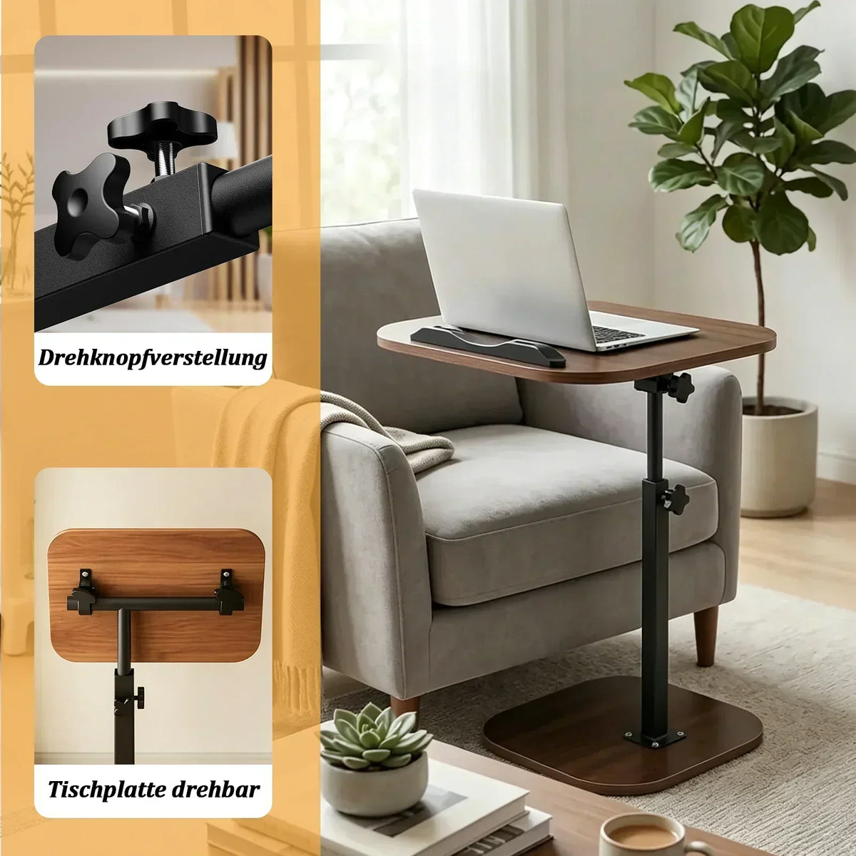 Höhenverstellbarer C-förmiger Nachttisch Tragbarer Laptop-Tisch Robuste Metallbasis Sofa-Beistelltisch zum Lesen Arbeiten Kaffee- und Snackaufbewahrung für Schlafzimmer und Wohnzimmer