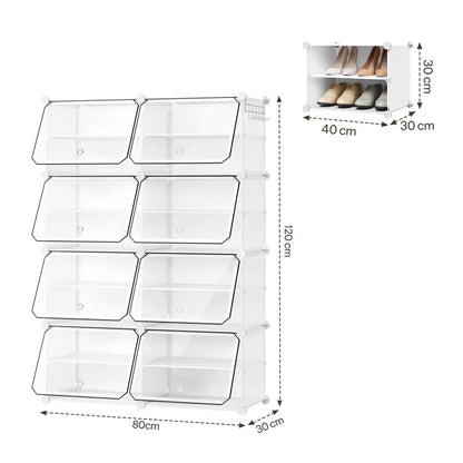 Faltbarer modularer Schuhschrank – transparenter stapelbarer Kunststoff-Schuhorganizer mit Seitenhaken für Flur und Wohnzimmer
