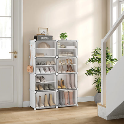 Faltbarer modularer Schuhschrank – transparenter stapelbarer Kunststoff-Schuhorganizer mit Seitenhaken für Flur und Wohnzimmer