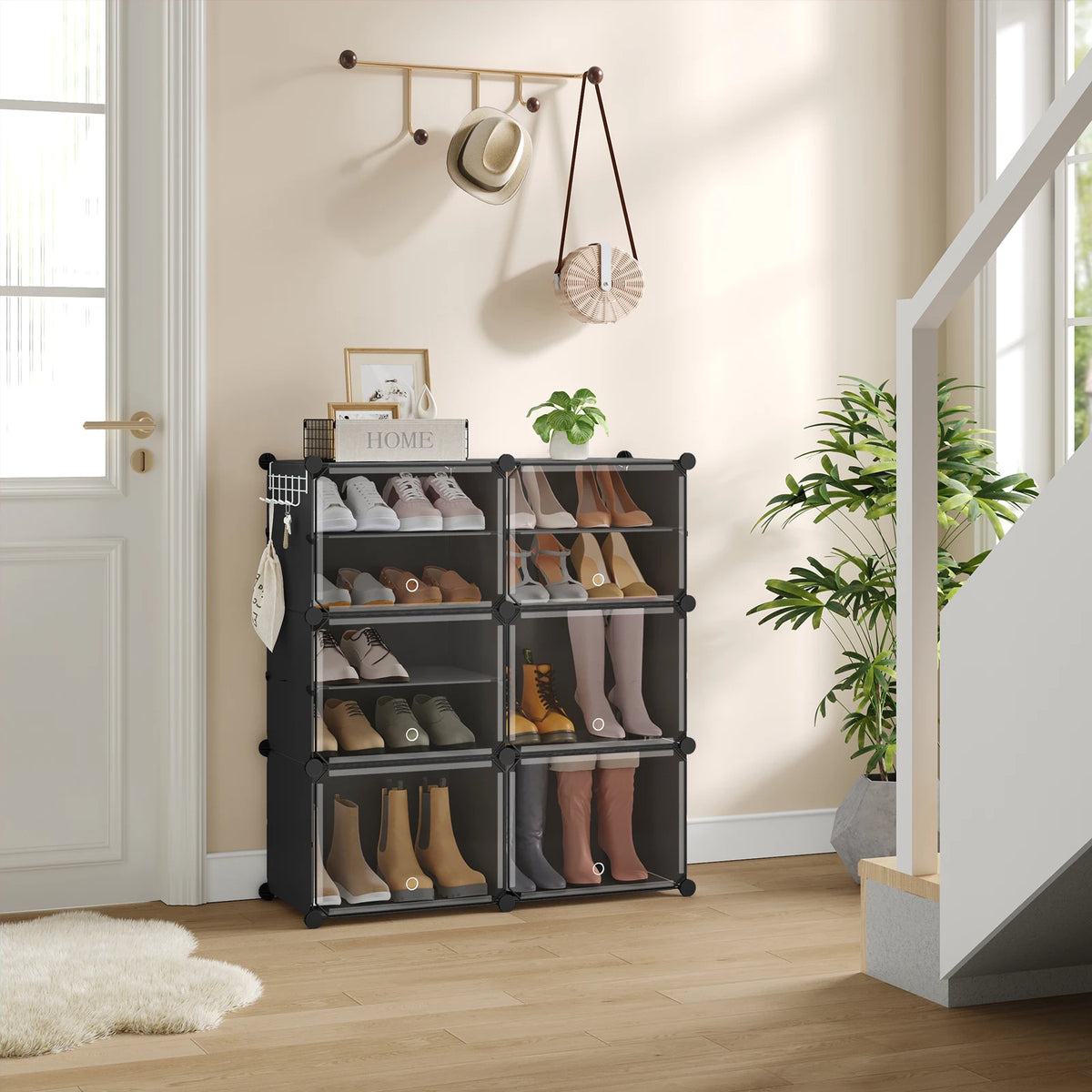 Faltbarer modularer Schuhschrank – transparenter stapelbarer Kunststoff-Schuhorganizer mit Seitenhaken für Flur und Wohnzimmer