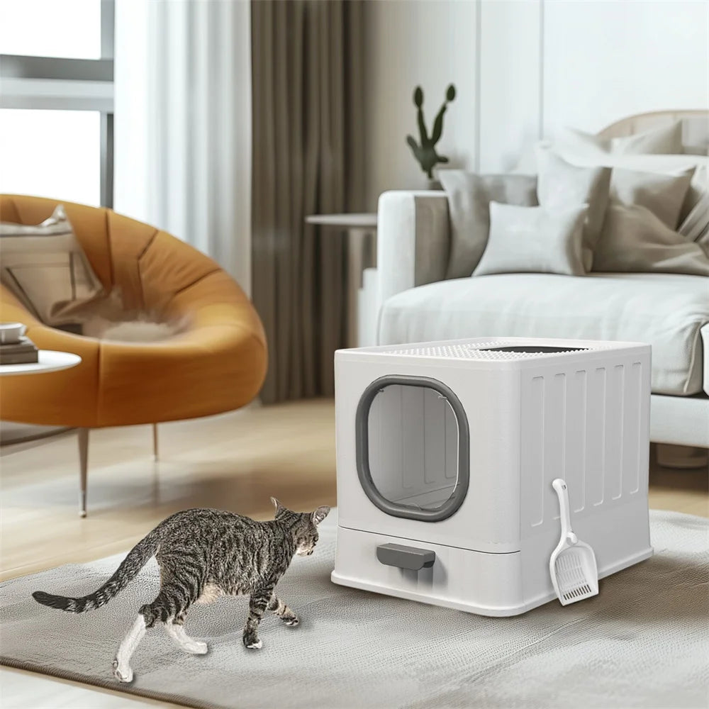 Große geschlossene Katzentoilette mit Oberreinstieg, Ausziehschublade und Schaufel (Grau und Weiß)