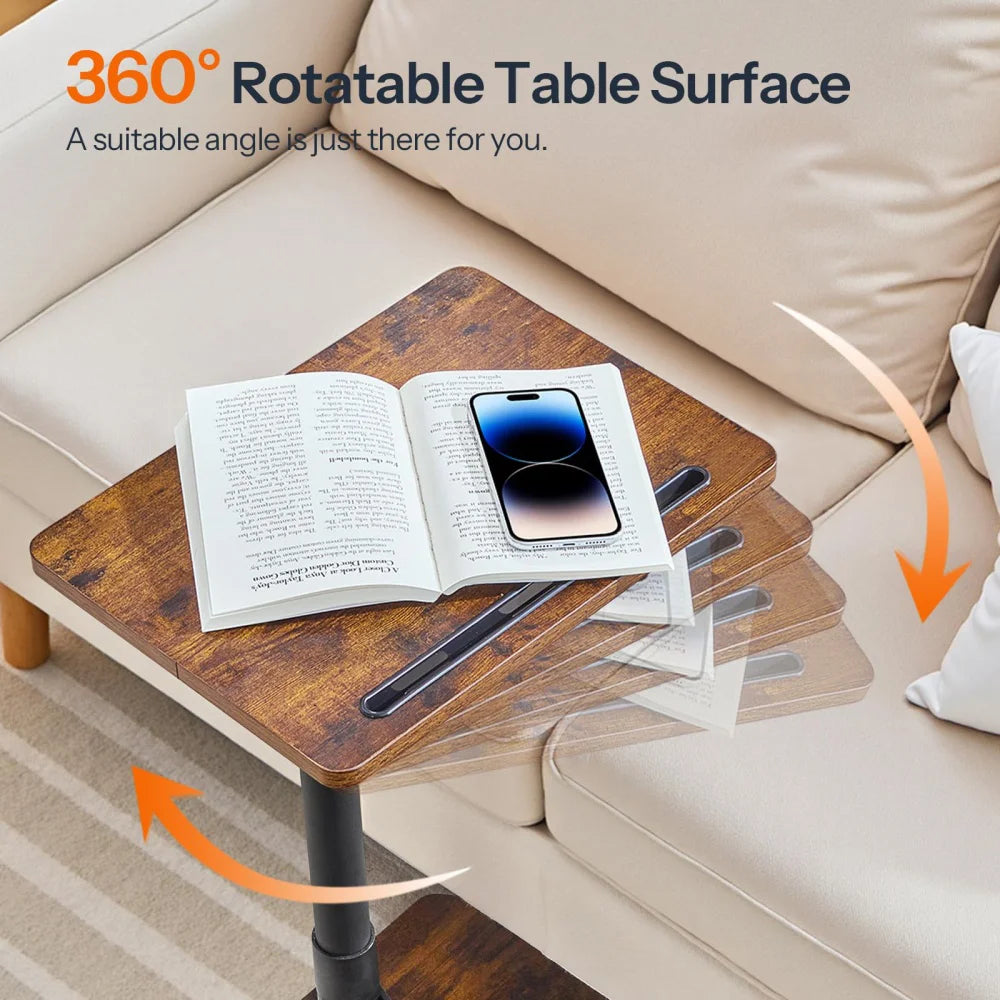 Vintage brauner C-förmiger Beistelltisch – höhenverstellbar 360° °   Drehbarer Sofa-Schreibtisch mit Getränkehalter und Tablet-Schlitz