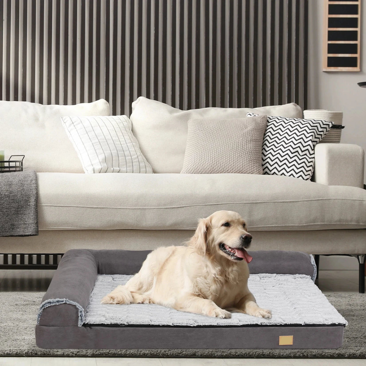 Orthopädisches L-förmiges Hundebett aus Memory-Schaum mit waschbarem Plüschbezug