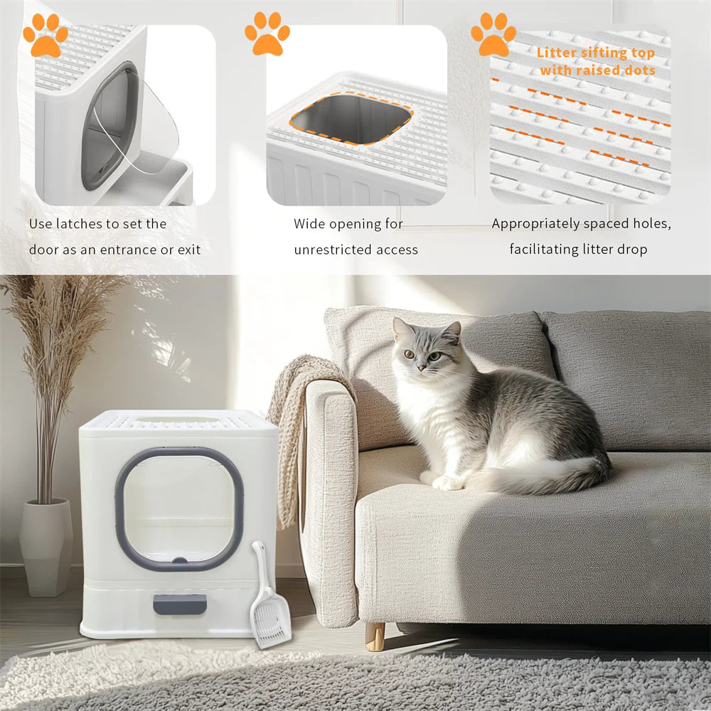 Große geschlossene Katzentoilette mit Oberreinstieg, Ausziehschublade und Schaufel (Grau und Weiß)