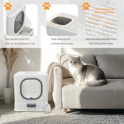 Große geschlossene Katzentoilette mit Oberreinstieg, Ausziehschublade und Schaufel (Grau und Weiß)