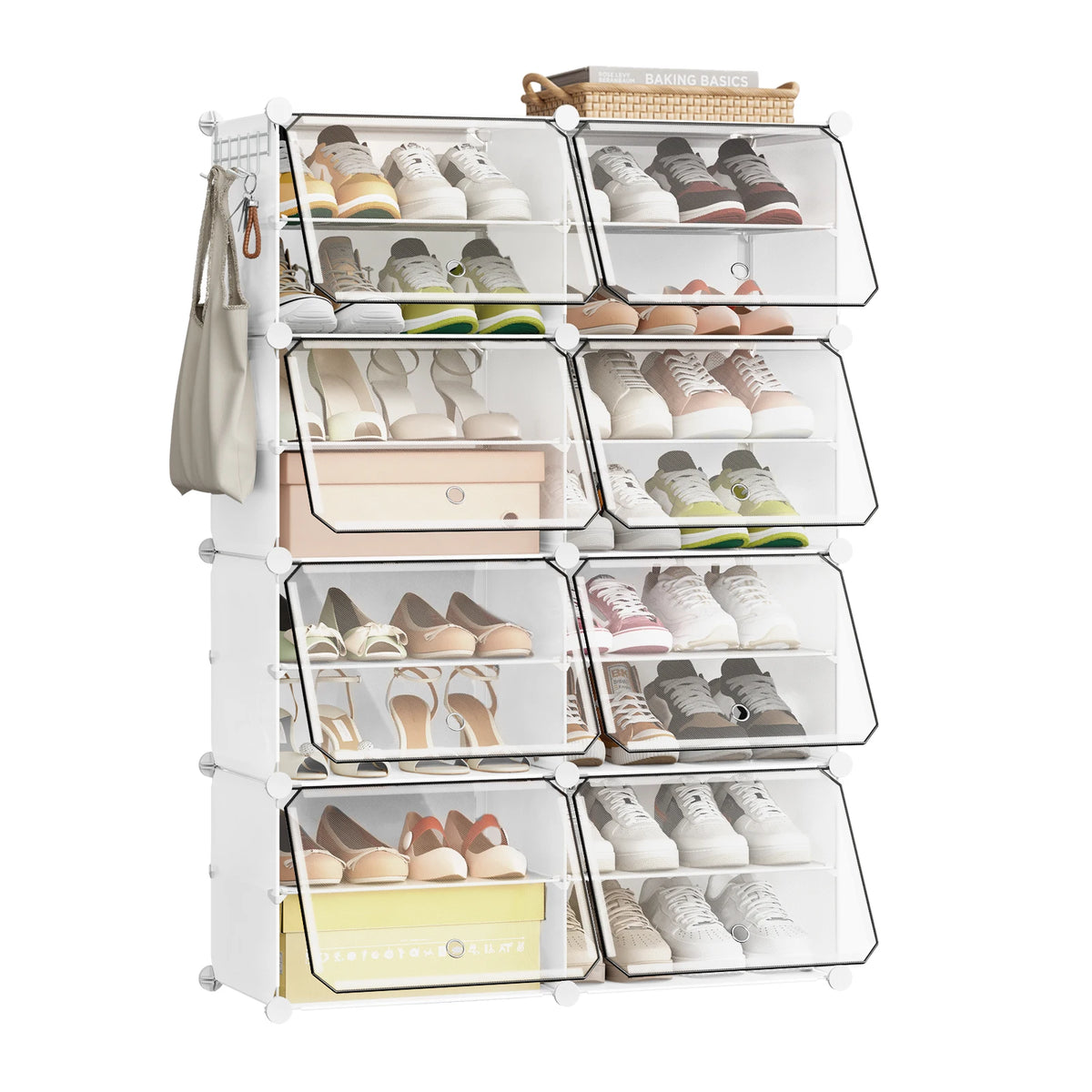 Faltbarer modularer Schuhschrank – transparenter stapelbarer Kunststoff-Schuhorganizer mit Seitenhaken für Flur und Wohnzimmer
