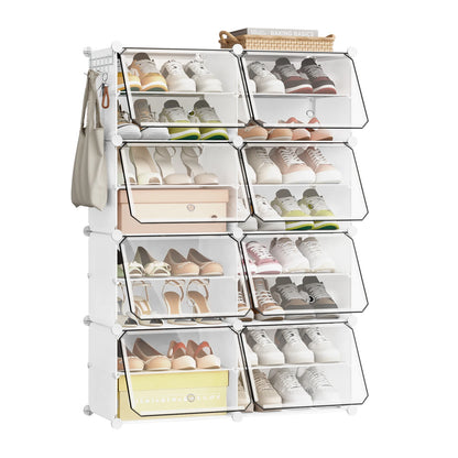 Faltbarer modularer Schuhschrank – transparenter stapelbarer Kunststoff-Schuhorganizer mit Seitenhaken für Flur und Wohnzimmer