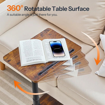 Vintage brauner C-förmiger Beistelltisch – höhenverstellbar 360° °   Drehbarer Sofa-Schreibtisch mit Getränkehalter und Tablet-Schlitz
