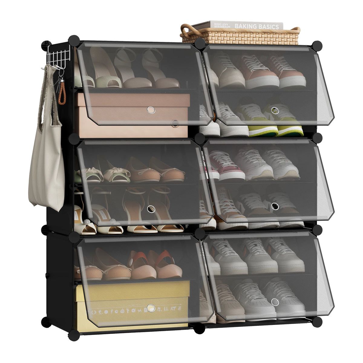 Faltbarer modularer Schuhschrank – transparenter stapelbarer Kunststoff-Schuhorganizer mit Seitenhaken für Flur und Wohnzimmer