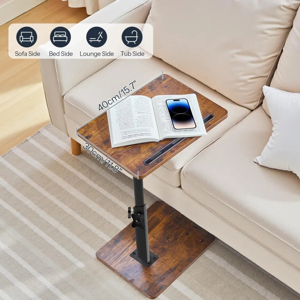 Vintage brauner C-förmiger Beistelltisch – höhenverstellbar 360° °   Drehbarer Sofa-Schreibtisch mit Getränkehalter und Tablet-Schlitz