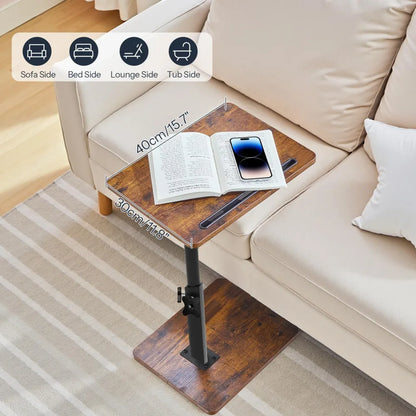 Vintage brauner C-förmiger Beistelltisch – höhenverstellbar 360° °   Drehbarer Sofa-Schreibtisch mit Getränkehalter und Tablet-Schlitz
